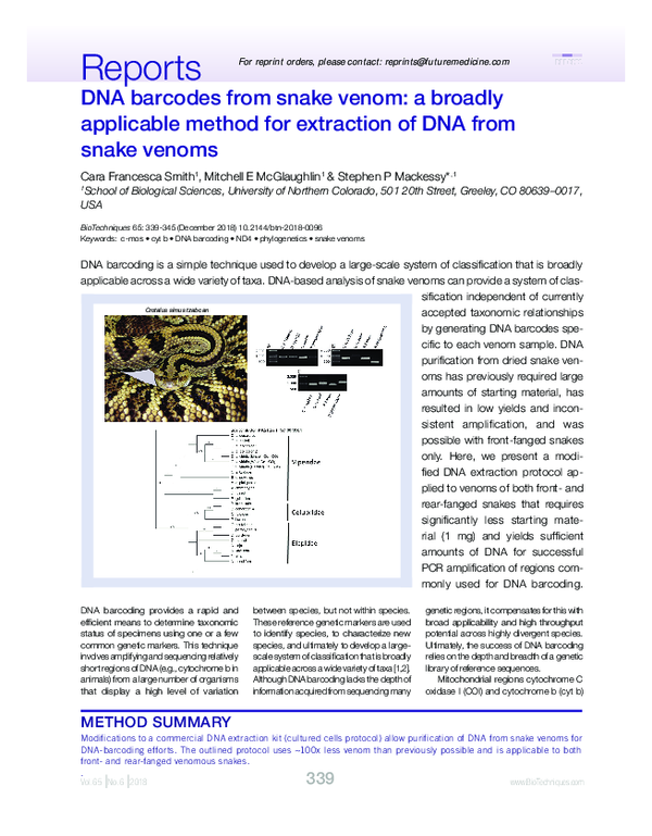 (PDF) DNA barcodes from snake venom: a broadly applicable method for ...
