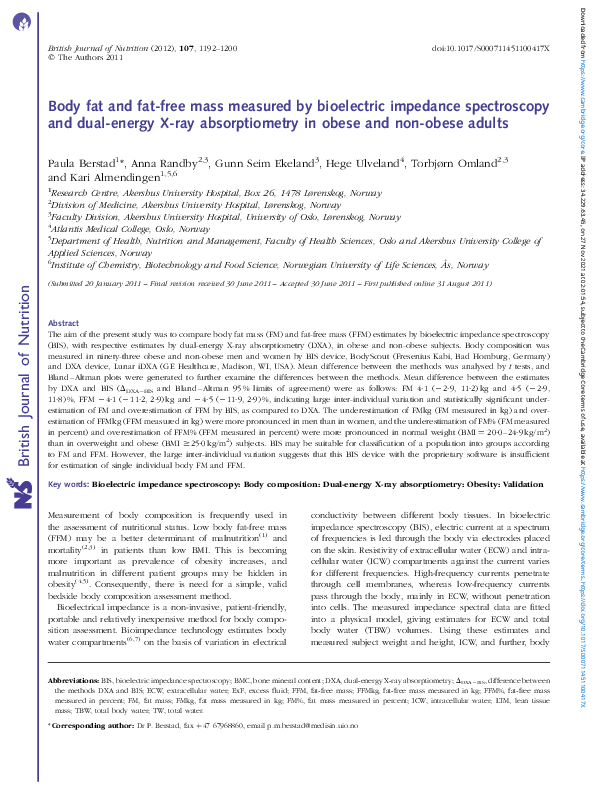 (PDF) Body fat and fat-free mass measured by bioelectric impedance ...