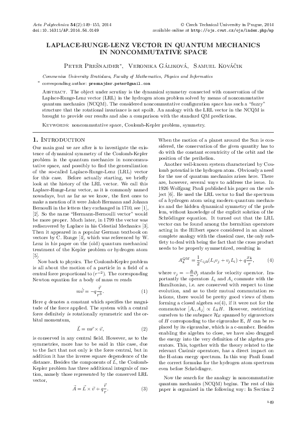 (PDF) LaplaceRungeLenz vector in quantum mechanics in
