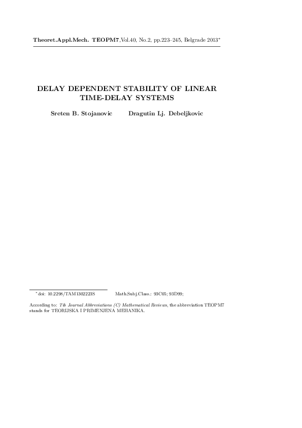 (PDF) Delay dependent stability of linear time-delay systems