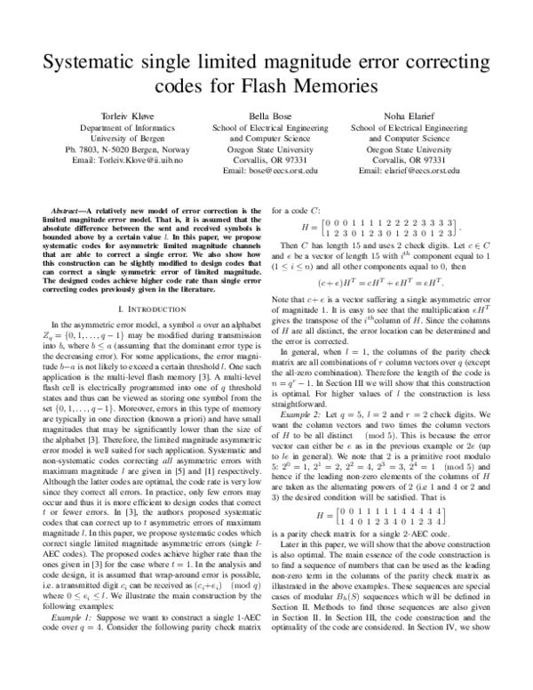 (PDF) Systematic, Single Limited Magnitude Error Correcting Codes for ...