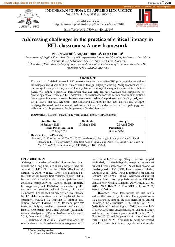 (PDF) Addressing challenges in the practice of critical literacy in EFL ...