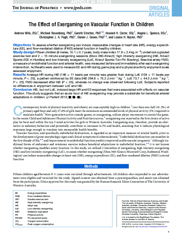 (PDF) The Effect of Exergaming on Vascular Function in Children