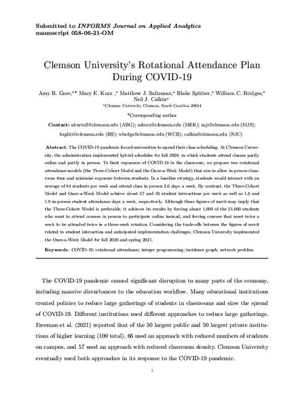 (PDF) Clemson University’s Rotational Attendance Plan During COVID-19