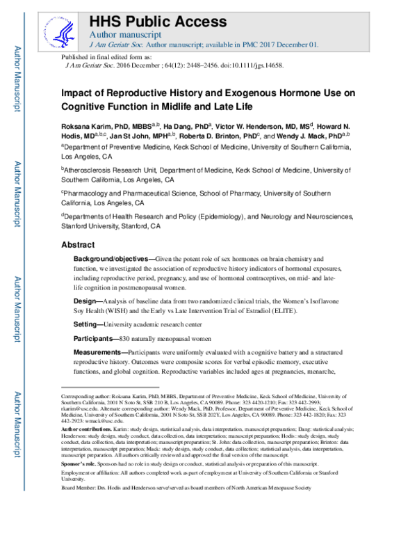 (PDF) Effect of Reproductive History and Exogenous Hormone Use on ...