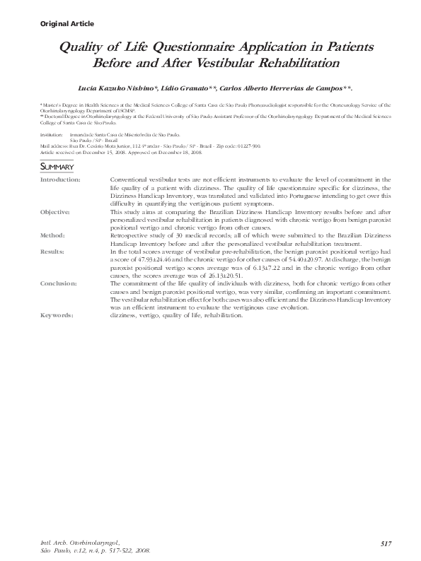 (PDF) Quality of Life Questionnaire Application in Patients Before and ...