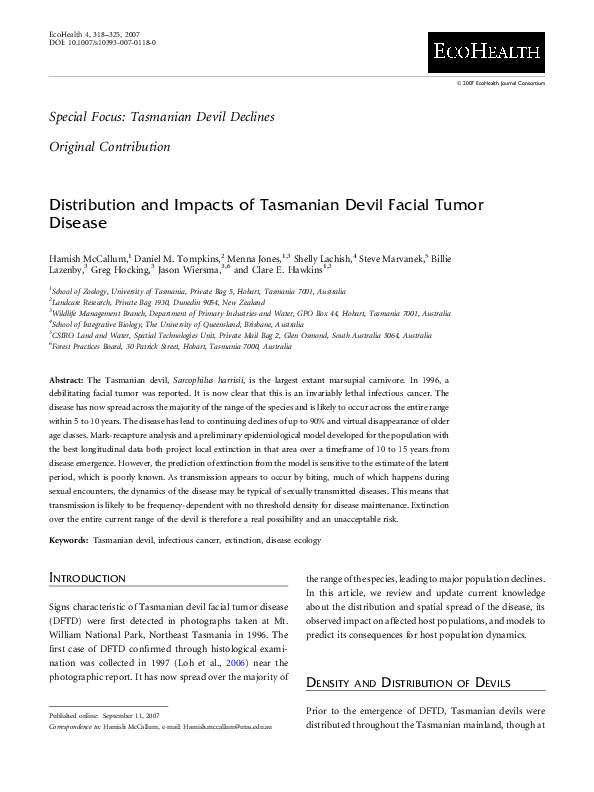 (PDF) Distribution and Impacts of Tasmanian Devil Facial Tumor Disease