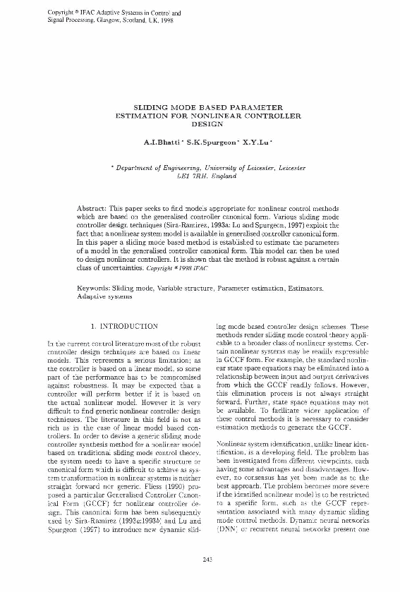 (PDF) Sliding Mode Based Parameter Estimation for Nonlinear Controller ...