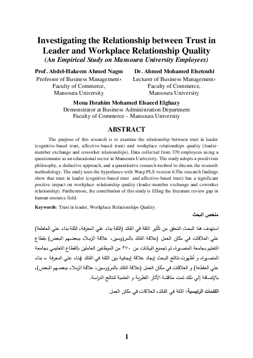 (PDF) Investigating the Relationship between Trust in Leader and ...