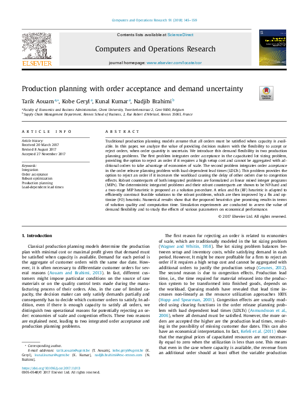 (PDF) Production planning with order acceptance and demand uncertainty