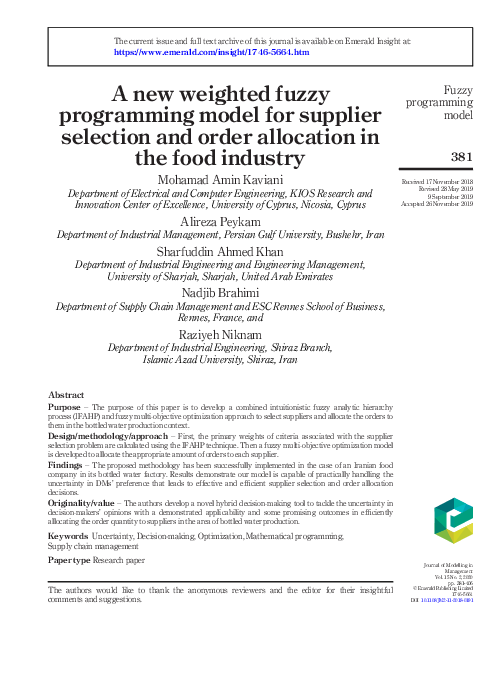 (PDF) A new weighted fuzzy programming model for supplier selection and ...