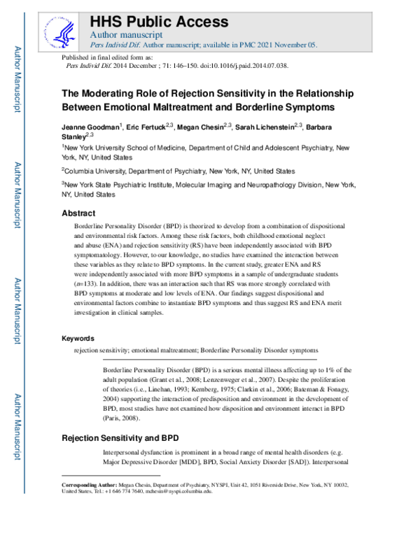 (PDF) The moderating role of rejection sensitivity in the relationship ...