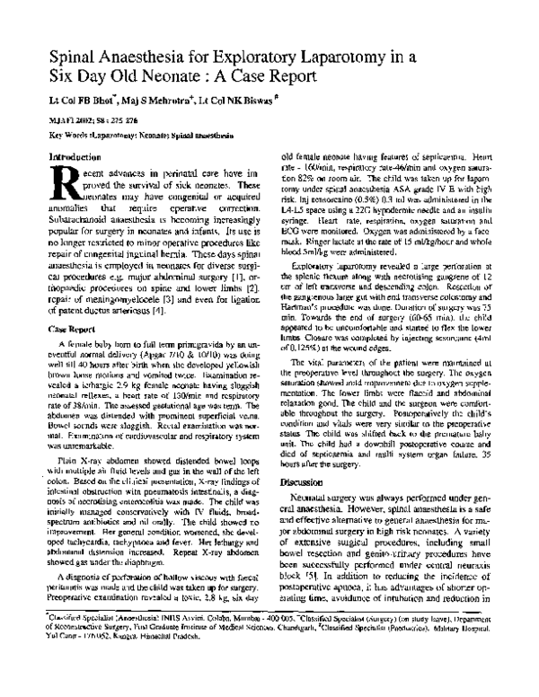 (PDF) Spinal anaesthesia for exploratory laparotomy in a six day old