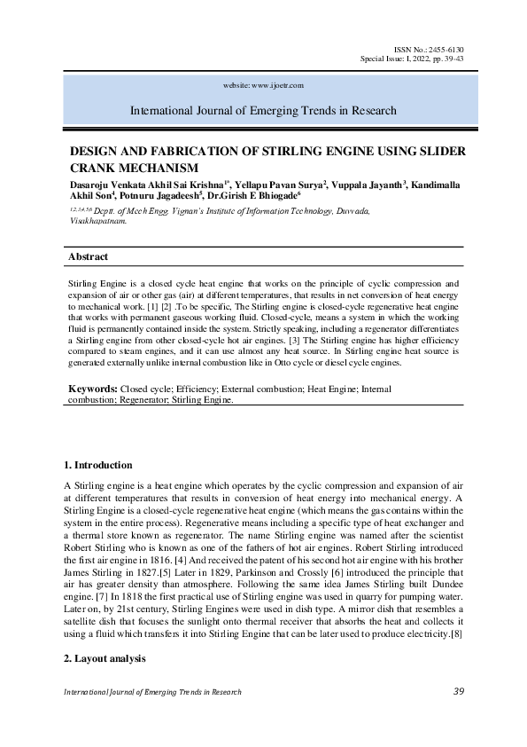 (PDF) DESIGN AND FABRICATION OF STIRLING ENGINE USING SLIDER CRANK ...