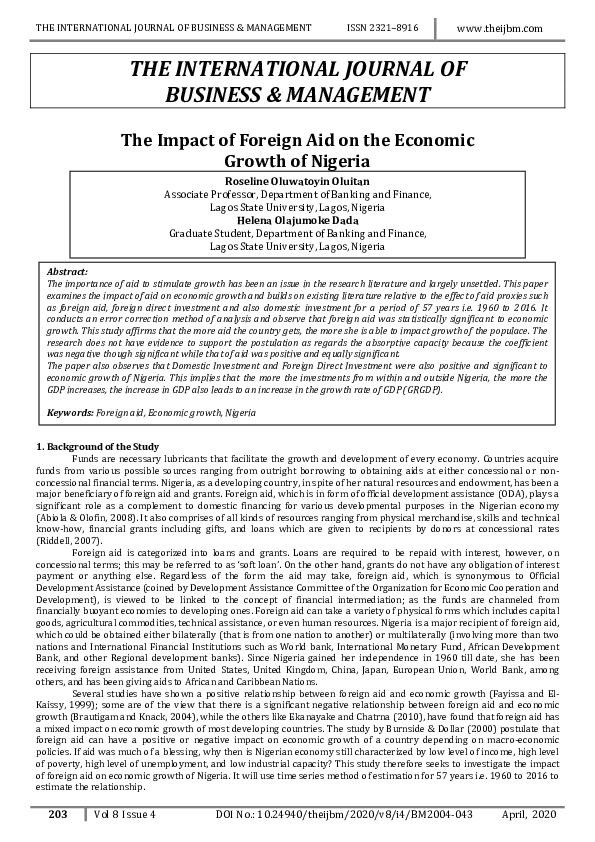 (PDF) The Impact of Foreign Aid on the Economic Growth of Nigeria