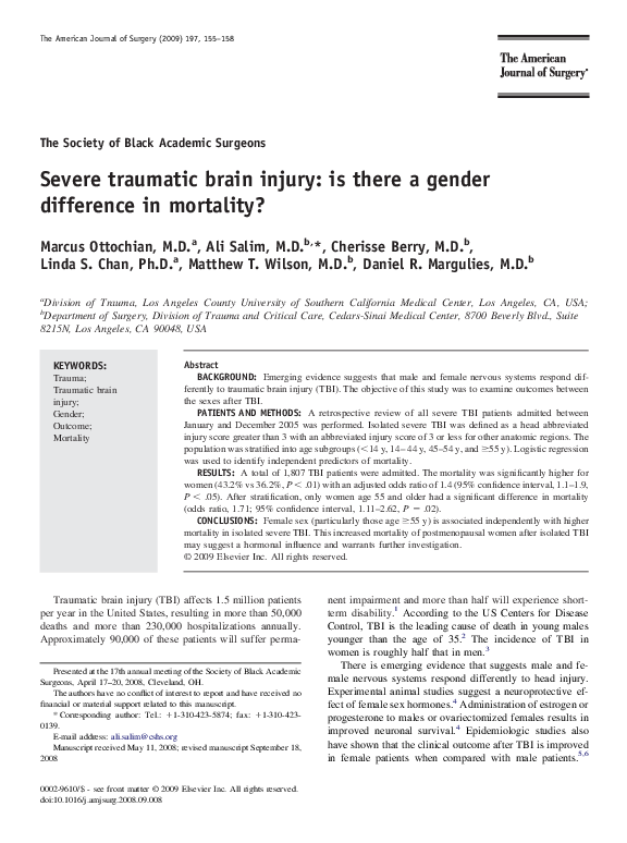 (PDF) Severe traumatic brain injury: is there a gender difference in ...