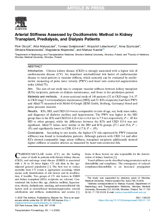 (PDF) Arterial Stiffness Assessed by Oscillometric Method in Kidney ...