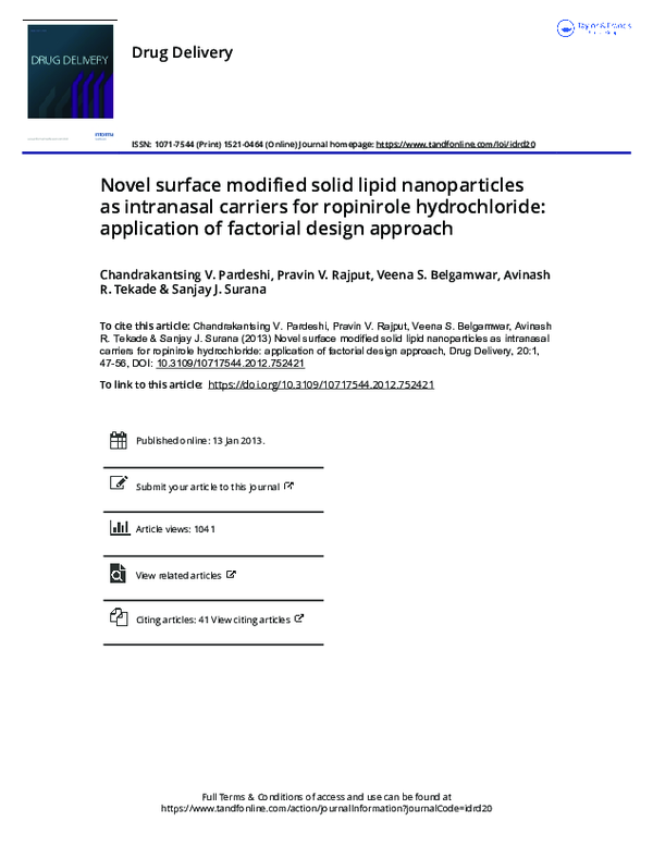 (PDF) Novel surface modified solid lipid nanoparticles as intranasal ...