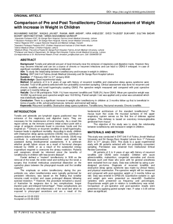 (PDF) Comparison of Pre and Post Tonsillectomy Clinical Assessment of