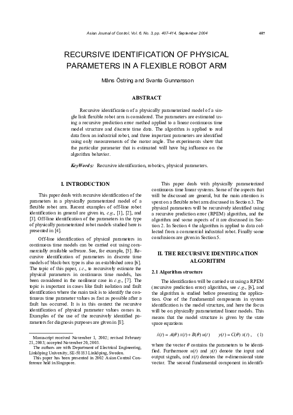 (PDF) Recursive Identification of Physical Parameters in a Flexible ...