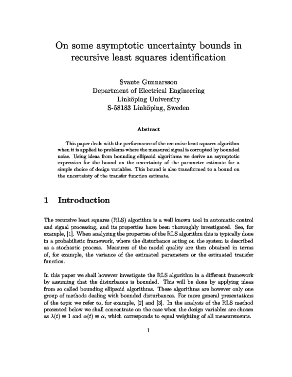 (PDF) On some asymptotic uncertainty bounds in recursive least squares ...