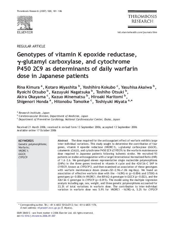 (PDF) Genotypes of vitamin K epoxide reductase, γglutamyl carboxylase
