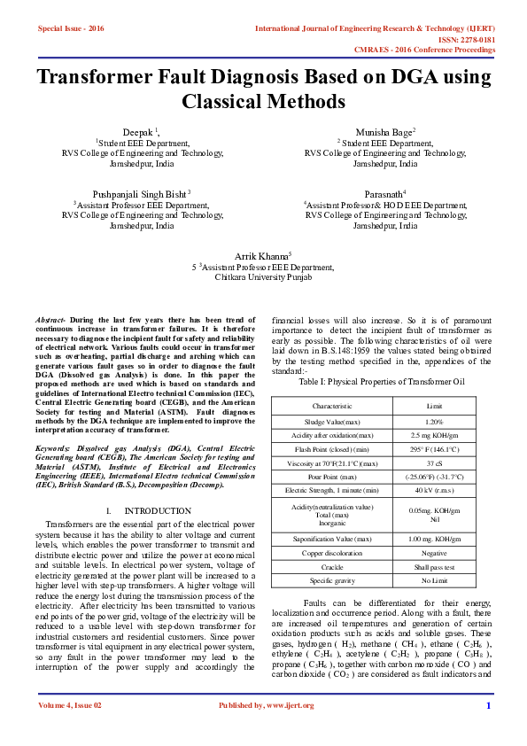 (PDF) Transformer Fault Diagnosis Based on DGA using Classical Methods