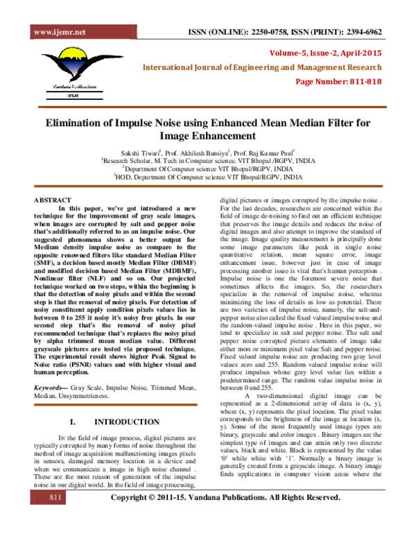 (PDF) Elimination of Impulse Noise using Enhanced Mean Median Filter ...