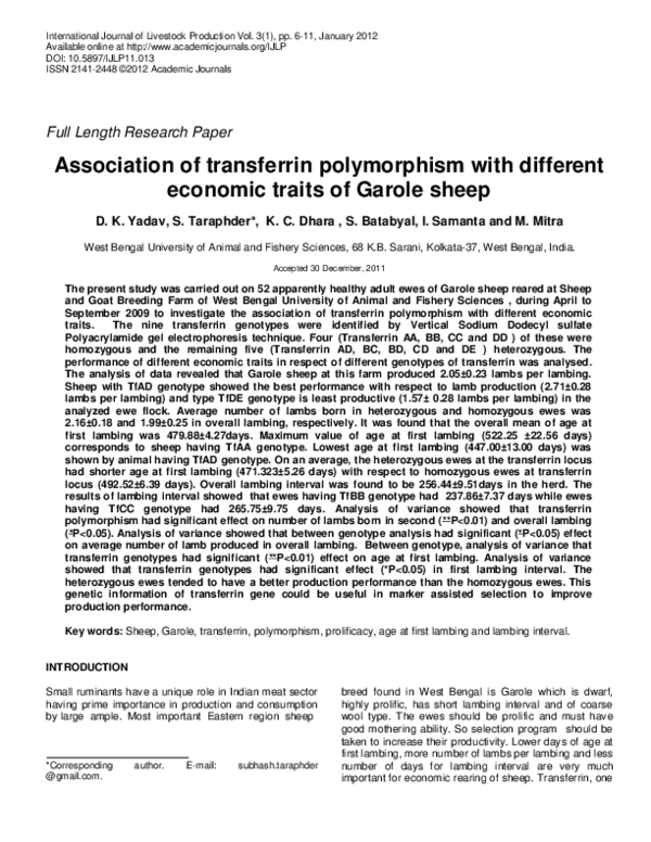 (PDF) Association of transferrin polymorphism with different economic ...