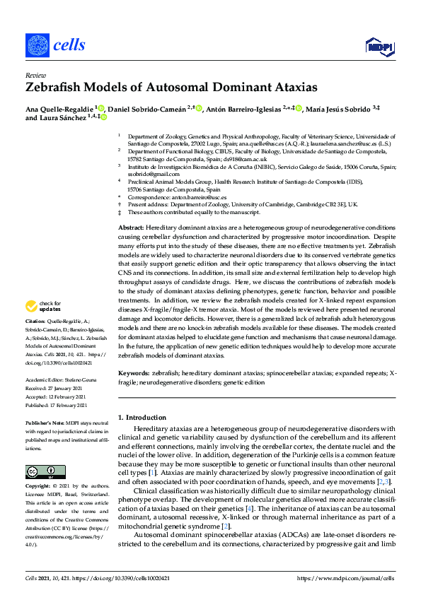 (PDF) Zebrafish Models of Autosomal Dominant Ataxias