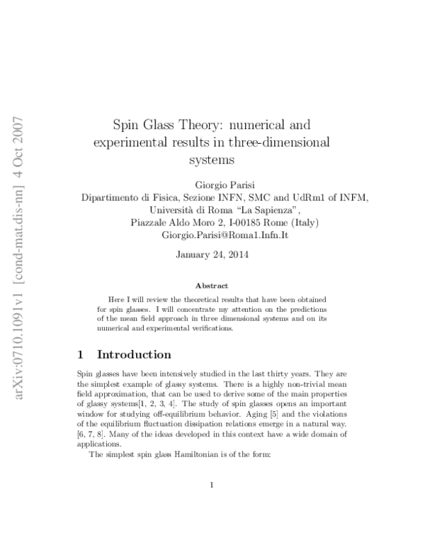 (PDF) Spin glass theory Numerical and experimental results in three