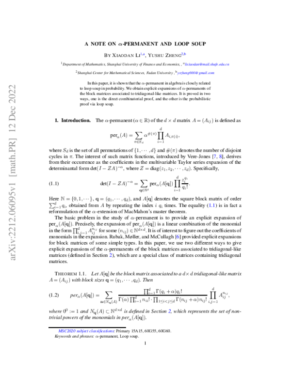 (PDF) A note on $\alpha$-permanent and loop soup