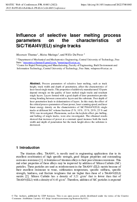 (PDF) Influence of selective laser melting process parameters on the ...