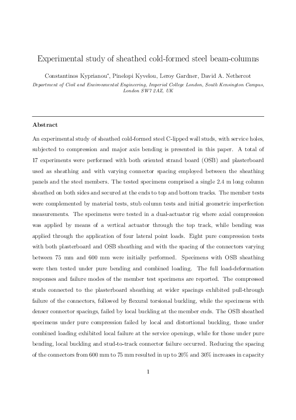 (PDF) Experimental study of sheathed cold-formed steel beam–columns