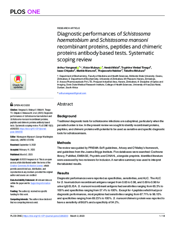 (PDF) Diagnostic performances of Schistosoma haematobium and ...