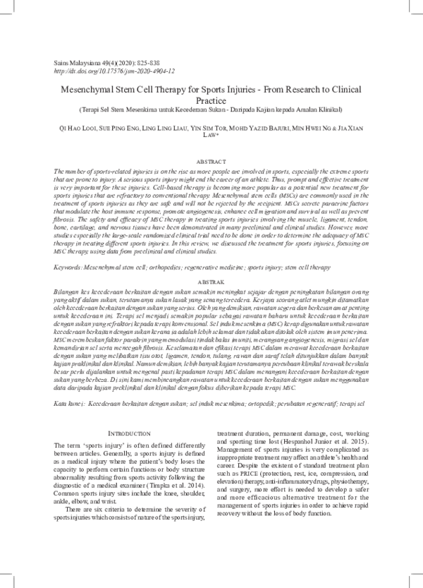 (PDF) Mesenchymal Stem Cell Therapy for Sports Injuries - From Research ...