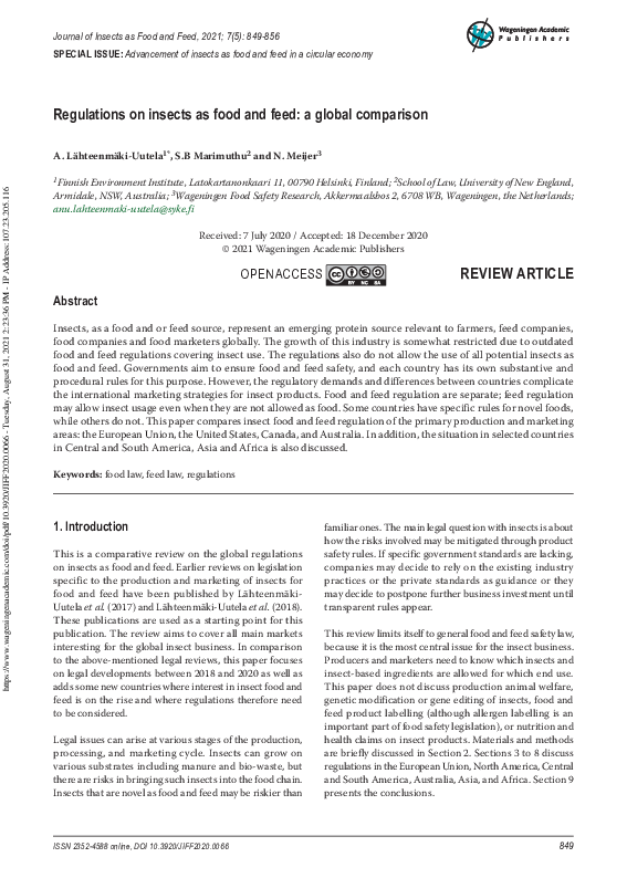 (PDF) Regulations on insects as food and feed: a global comparison