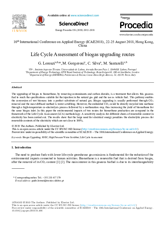 (PDF) Life Cycle Assessment of biogas upgrading routes