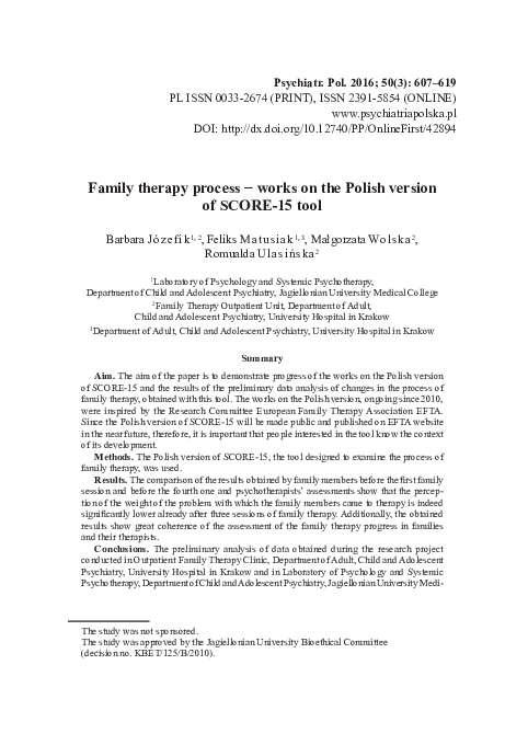 (PDF) Family therapy process − works on the Polish version of SCORE-15 tool