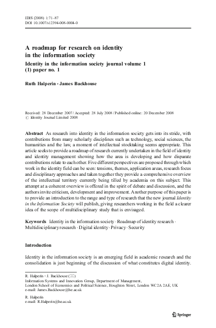(PDF) A roadmap for research on identity in the information society