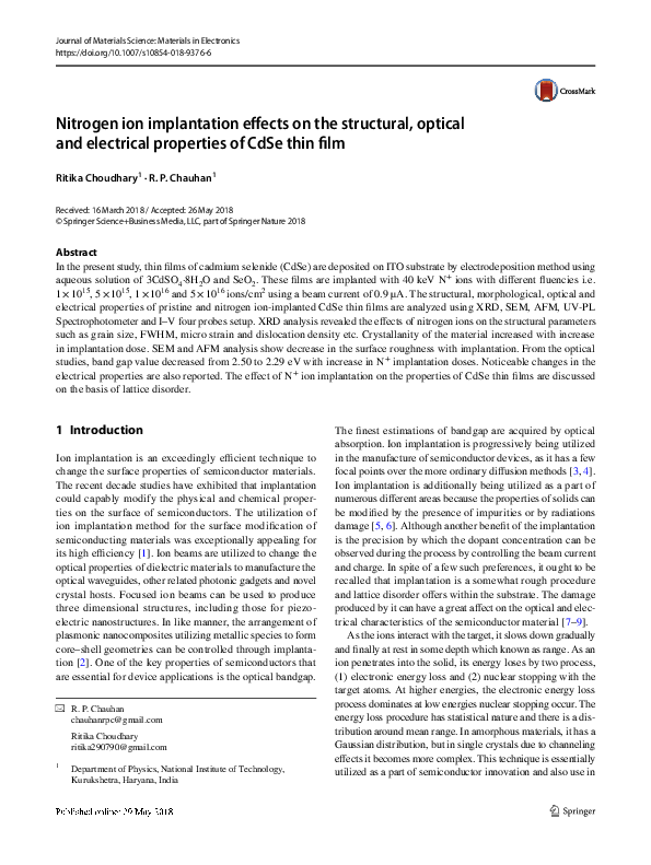 (PDF) Nitrogen ion implantation effects on the structural, optical and ...