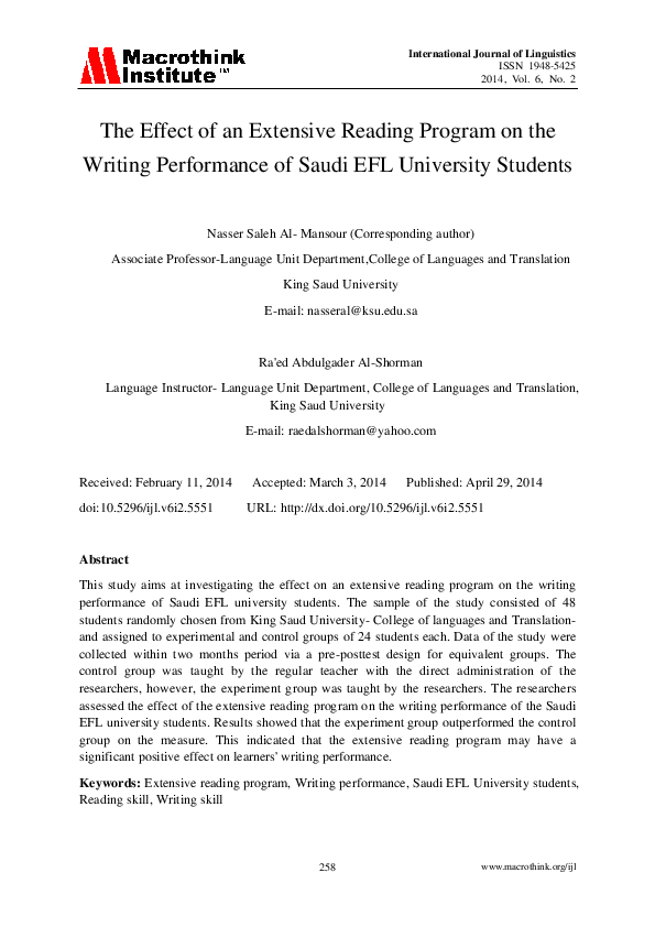 (PDF) The Effect of an Extensive Reading Program on the Writing ...