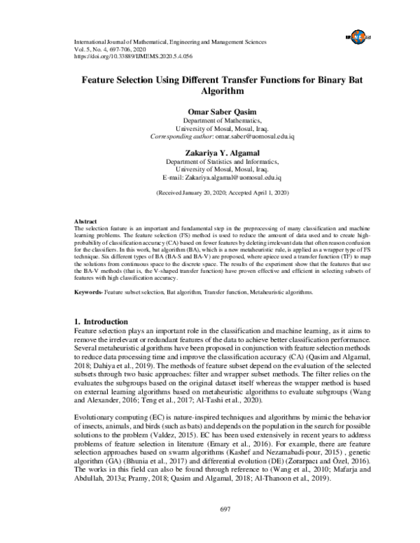 (PDF) Feature Selection Using Different Transfer Functions for Binary ...