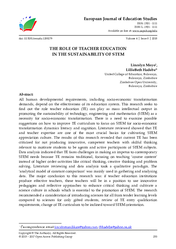 (PDF) The Role of Teacher Education in the Sustainability of Stem