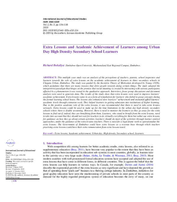 (PDF) Extra Lessons and Academic Achievement of Learners among Urban ...