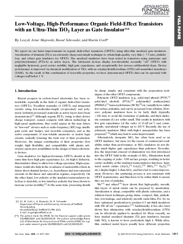 (PDF) LowVoltage, HighPerformance Organic FieldEffect Transistors