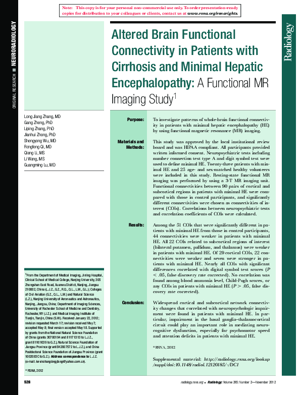 (PDF) Altered Brain Functional Connectivity in Patients with Cirrhosis ...