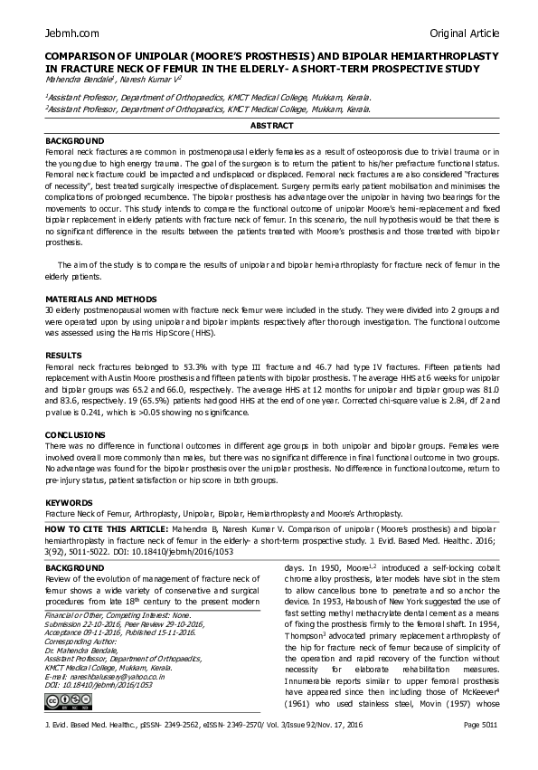 (PDF) Comparison of Unipolar (Moore’s Prosthesis) and Bipolar ...