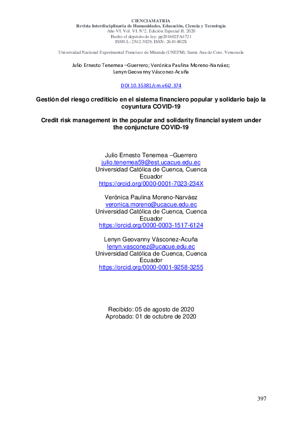 (PDF) Gestión del riesgo crediticio en el sistema financiero popular y ...