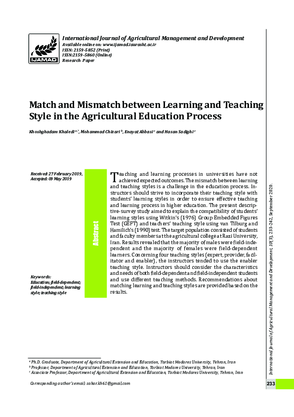 (PDF) Match and Mismatch between Learning and Teaching Style in the ...
